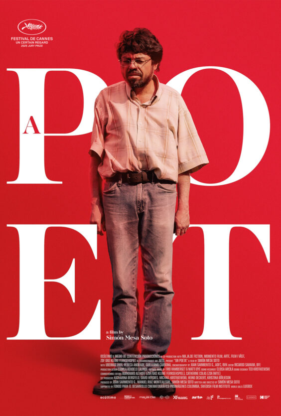 A Poet. Filmplakat for "A Poet" regissert av Simón Mesa Soto. Vist på Cannes 2025, Un Certain Regard, Jury Prize. En mann foran rød bakgrunn med stor hvit tekst.