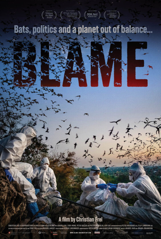 Blame. Filmplakat for "Blame" av Christian Frei. Tekst: "Bats, politics and a planet out of balance". Deltakelse på flere filmfestivaler i 2025.