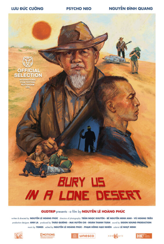 Bury Us in a Lone Desert. Filmplakat for "Bury Us in a Lone Desert", regissert av Nguyễn Lê Hoàng Phúc. Offisiell utvelgelse ved Rotterdam internasjonale filmfestival 2025.