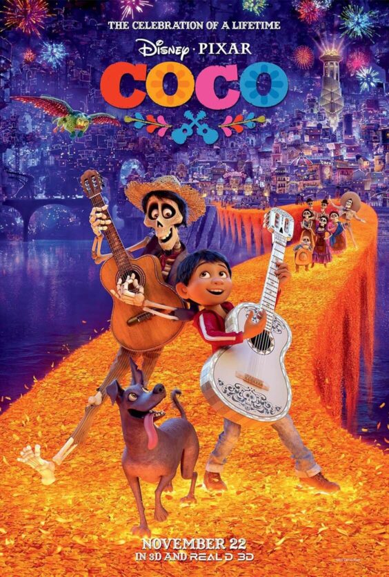 Coco. Filmplakat for Disney Pixar-filmen "Coco" med fargerik by, karakterer med gitarer, en hund og teksten "THE CELEBRATION OF A LIFETIME". Premiere 22. november.
