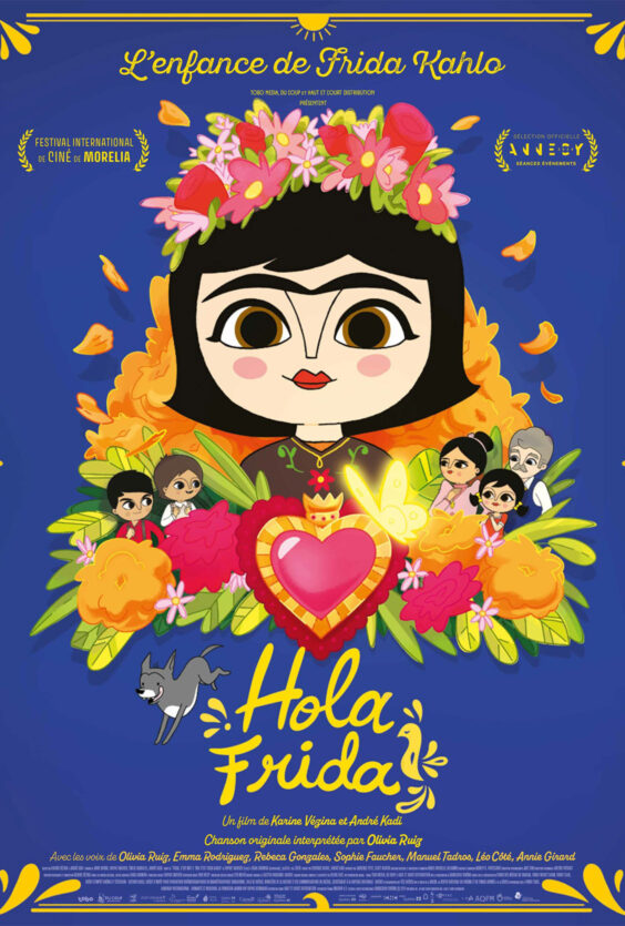 Hei Frida. Plakaten viser teksten "L'enfance de Frida Kahlo" og "Hola Frida", en film av Karine Vézina og André Kadi. Illustrert Frida-figur, blomster, hjerte, flere karakterer og en hund.
