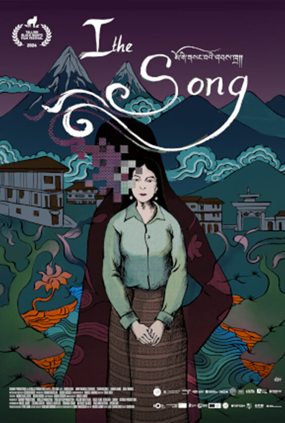 Jeg er sangen. I the Song. Plakaten viser en kvinne foran fjell, hus og blomster. Teksten sier "I the Song". Det er også tekst på et annet språk og en festival-logo.