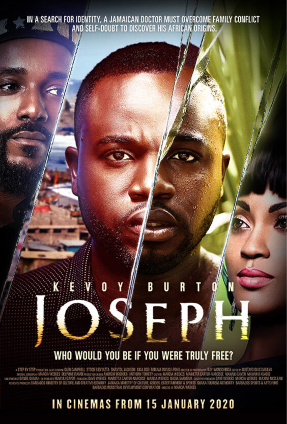 Joseph. Filmposter for "Joseph" med Kevoy Burton. En jamaicansk lege søker sin afrikanske opprinnelse. Tre ansikter vises på plakaten.