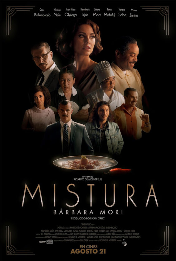 Mistura. Filmplakat for "Mistura" regissert av Ricardo de Montreuil, med Bárbara Mori. Premiere 21. august. Flere skuespillere og en tallerken med mat vises på bildet.