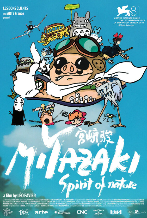 Miyazaki Spirit of Nature. Plakaten viser "Miyazaki Spirit of Nature", en film av Léo Favier. Offisiell utvelgelse ved Venezia 2024. Illustrasjoner av kjente Miyazaki-figurer på blå bakgrunn.