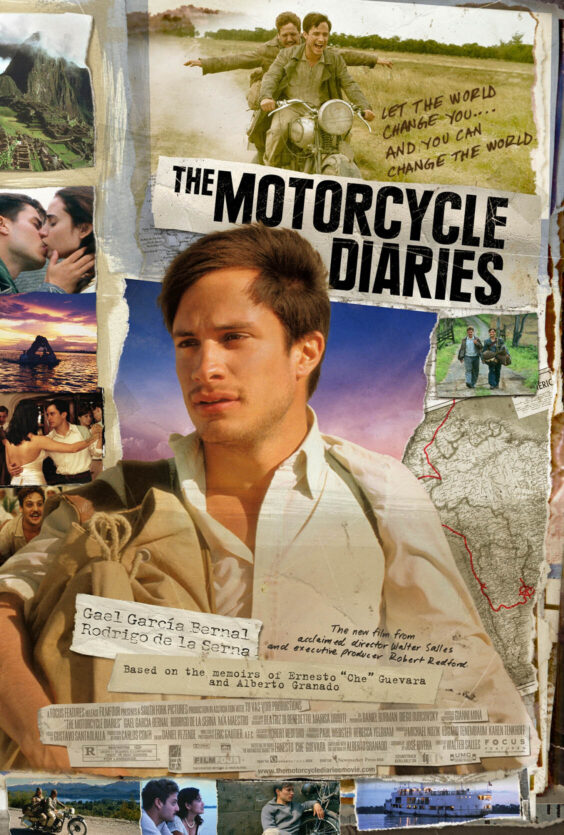 Motorsykkeldagbøkene. Filmplakat for "The Motorcycle Diaries" med Gael García Bernal og Rodrigo de la Serna. Basert på memoarene til Ernesto "Che" Guevara og Alberto Granado. Bilder av reise, natur og motorsykkel.