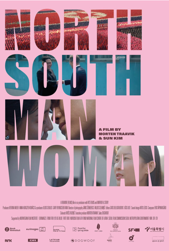North South Man Woman. Plakat for filmen "North South Man Woman" av Morten Traavik og Sun Kim. Store bokstaver med bilder inni, samt kreditering av produsenter og støttespillere.