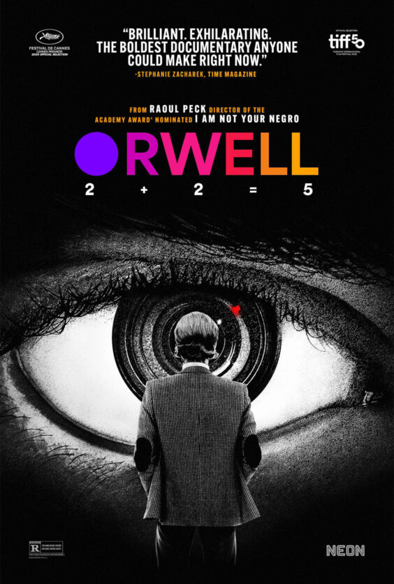 Orwell 225. Plakat for dokumentaren "Orwell" av Raoul Peck. Sitat fra Time Magazine. Vist på Cannes og Toronto 2025. Bildet viser en mann foran et stort øye.