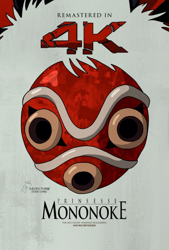 Prinsesse Mononoke. Plakat for "Prinsesse Mononoke", remastret i 4K, fra Studio Ghibli og regissør Hayao Miyazaki. Bildet viser en stor, rød maske med tre øyne og hvite striper.