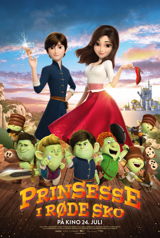 Prinsesse i røde sko. Plakat for filmen "Prinsesse i røde sko". Premiere 24. juli. Viser animert prinsesse, en gutt og flere små grønne figurer foran et slott.