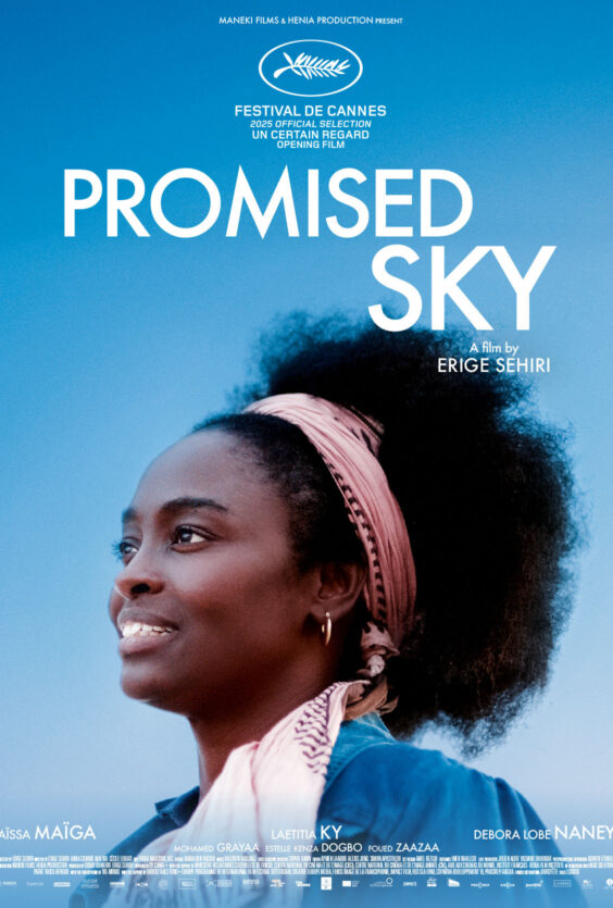 Promised Sky. Filmplakat for "Promised Sky", regissert av Erige Sehiri. Bildet viser en kvinne med hodebånd mot blå himmel.