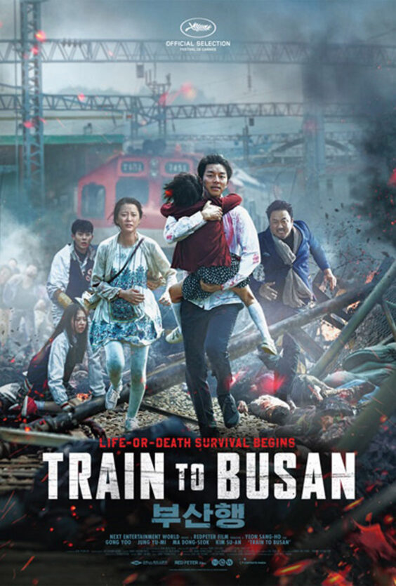 Train to Busan. Plakaten viser flere personer som løper fra et tog, omgitt av røyk og ødeleggelse. Tekst: "TRAIN TO BUSAN", "LIFE-OR-DEATH SURVIVAL BEGINS", navn på skuespillere og produksjonsselskap.