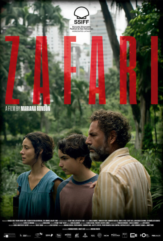 Zafari. Filmplakat for "Zafari" av Mariana Rondón. Viser tre personer i jungelmiljø. Festival: San Sebastián, Horizontes Latinos. Produsenter og skuespillere er listet.