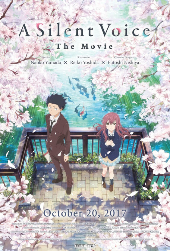 A Silent Voice Plakat med to unge personer ved et rekkverk omgitt av rosa blomster