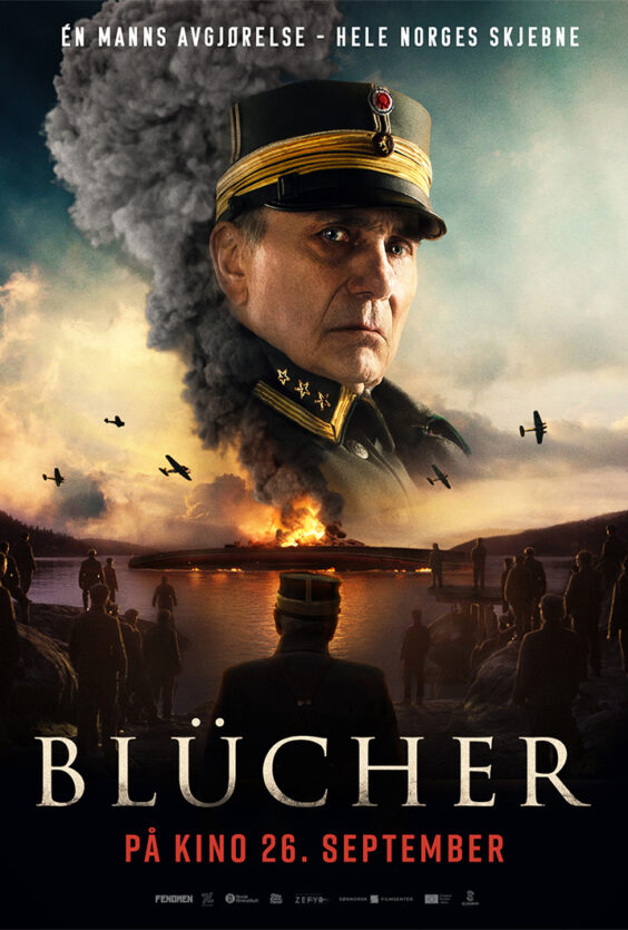 Blucher En mann i uniform med lue står foran en stor røyksky Flere personer står ved vannet Et brennende skip og flere fly er synlige i bakgrunnen