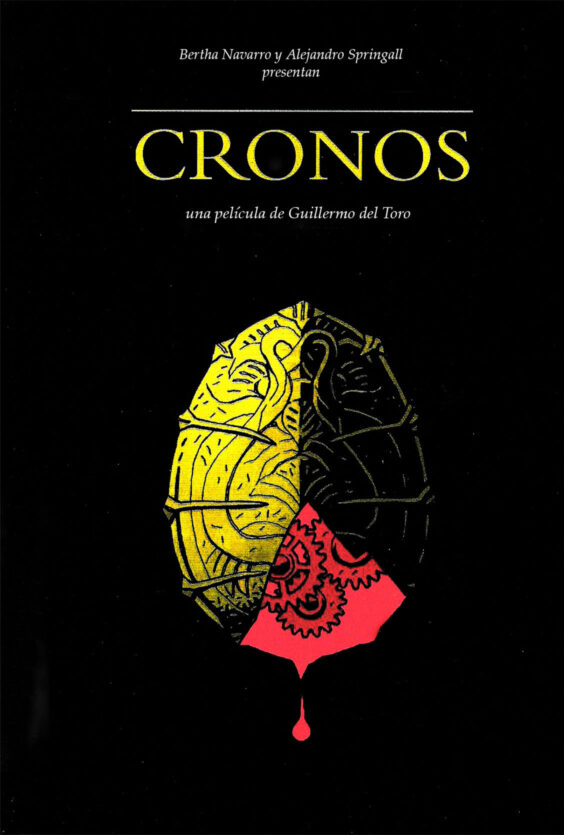 Cronos Plakat for Cronos en film av Guillermo del Toro med gul og svart tegning og rod draape