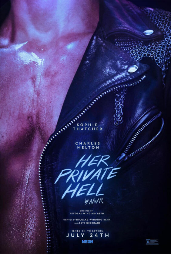 Her Private Hell Nærbilde av naken hals og brystkasse med svette Sort skinnjakke med glidelås og nagler Tekst med filmtittel og navn på skuespillere og regissør