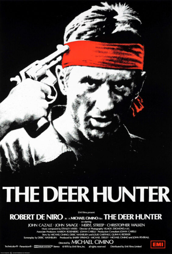 Hjortejegeren Filmplakat En mann med et rødt tørkle rundt hodet holder en pistol rettet mot hodet Under står tittelen THE DEER HUNTER i blokkbokstaver og navn på medvirkende