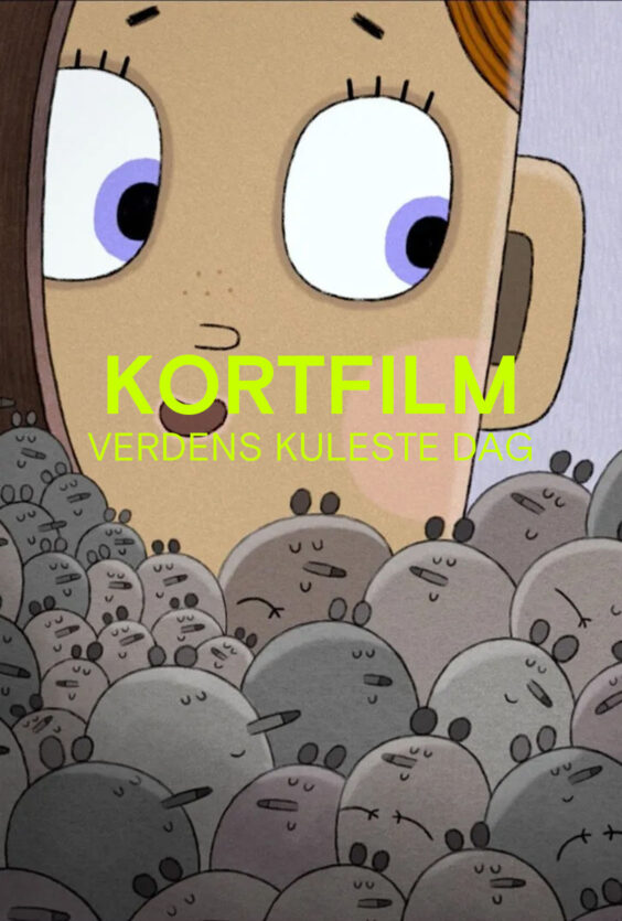 Kortfilmprogram VKD En tegnet jente med store øyne og fregner står omgitt av mange grå mus med lukkede øyne