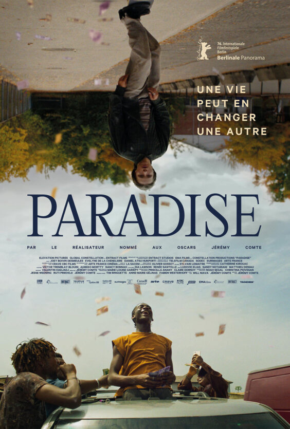 Paradise Plakat viser tre personer paa en bil en opp ned person