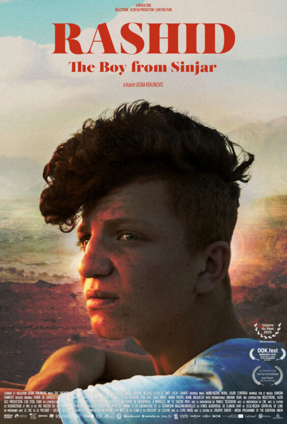 Rashid The Boy From Sinjar Filmplakat med stor tittel øverst og nærbilde av en person i profil foran et landskap med himmel