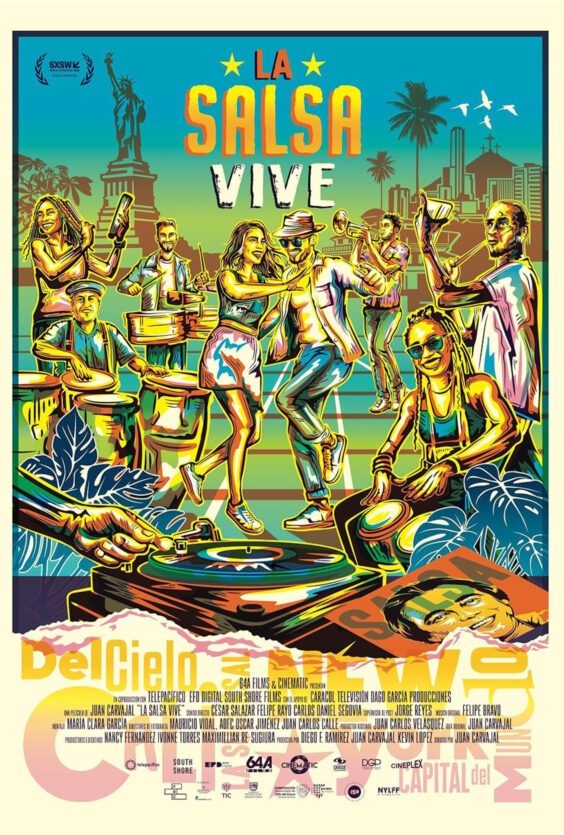Salsa Lives Fargerik plakat med teksten La Salsa Vive Statue of Liberty palmer folk som danser spiller trommer trompet og DJ utstyr