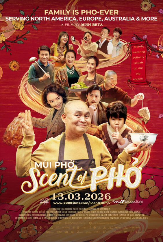 Scent of Pho Plakat med flere personer som smiler rod bakgrunn