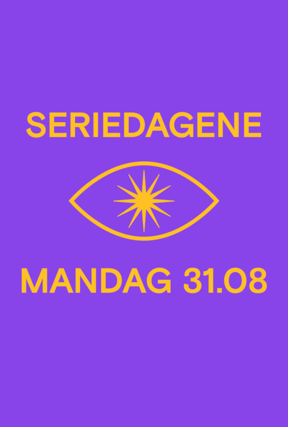 Seriedagene Interrim Poster Lite gult plakat med teksten SERIEDAGENE øverst et øyeformet ikon med en stjerne i midten og teksten MANDAG 31 08 nederst