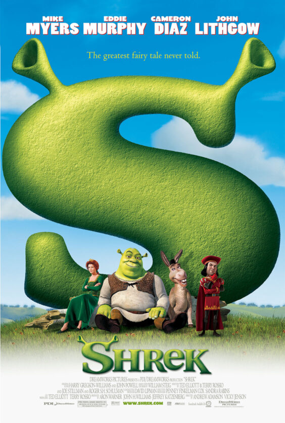 Shrek En stor grønn S formet som øre bak fire animerte figurer En kvinne i grønn kjole En grønn figur Et esel En mann i rød drakt Blå himmel og gress