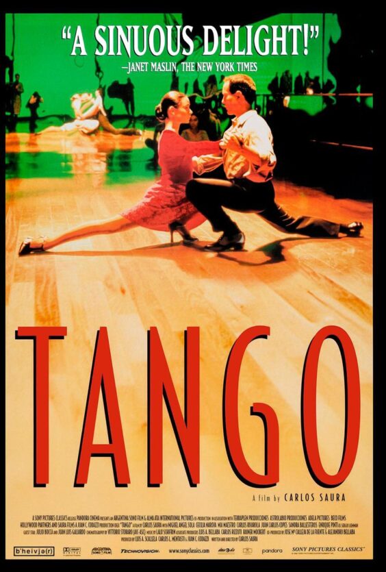 Tango Plakat med to personer som danser i et rom med groenn bakgrunn Stor tekst TANGO i roed skrift