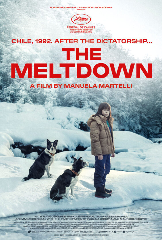 The Meltdown Plakat med en jente i brun jakke og to hunder i snodekt landskap