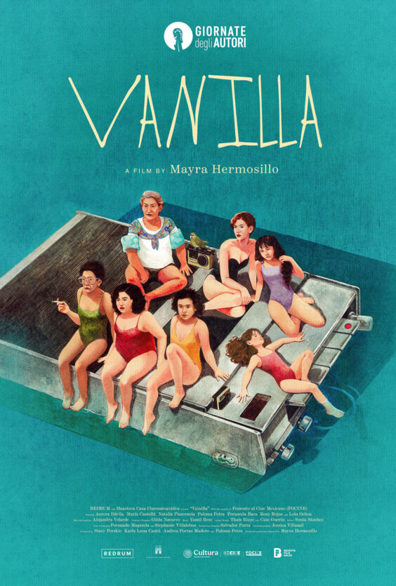 Vanilla Plakat med teksten Vanilla Viser seks personer i badedrakt logoer nederst